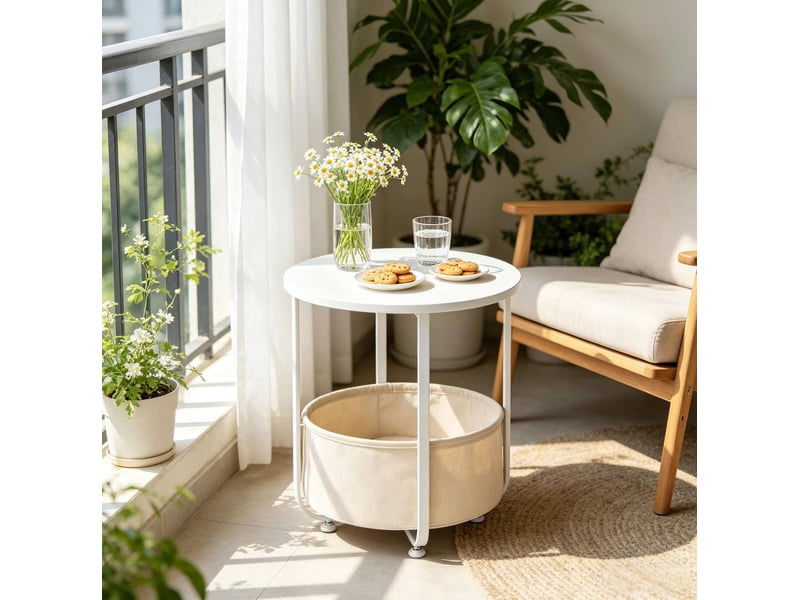  Table d’appoint ronde avec panier amovible, pieds réglables, blanche  - Conforama D