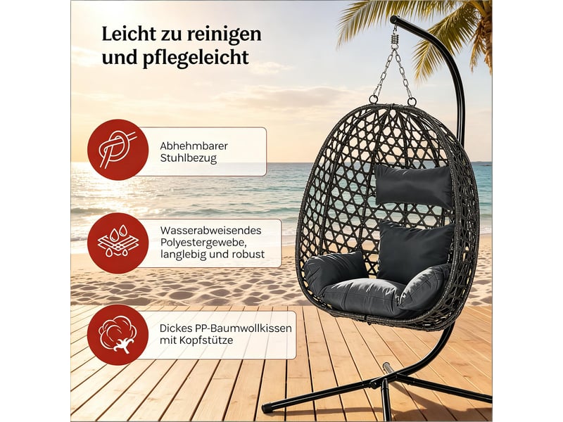  Fauteuil suspendu en rotin avec hauteur réglable, rotation à 360 degrés, coussins et support en métal gris foncé  - Conforama E