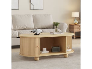 Table basse 100x50x40 cm, design ovale, porte coulissante à rayures verticales, mdf, couleur bois