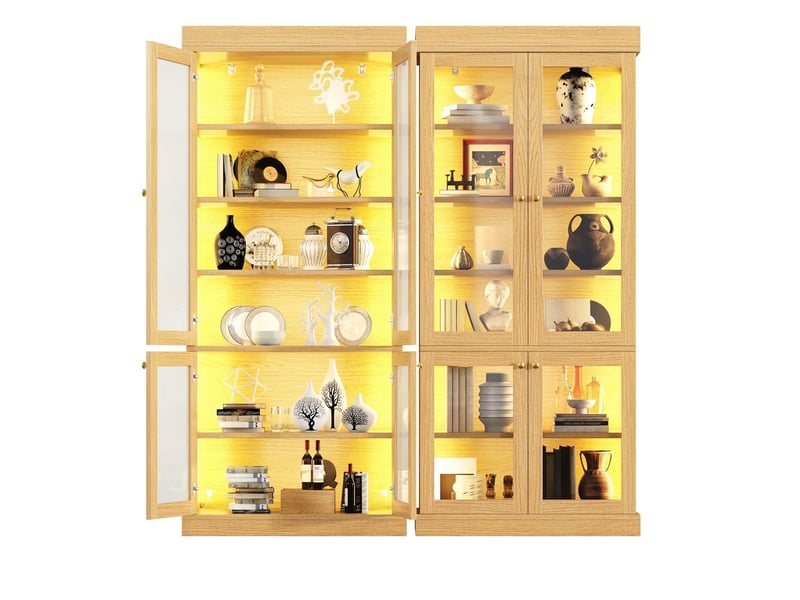  Buffet de cuisine haut effet bois naturel 160x40x180 cm avec vitrine en verre et led  - Conforama A