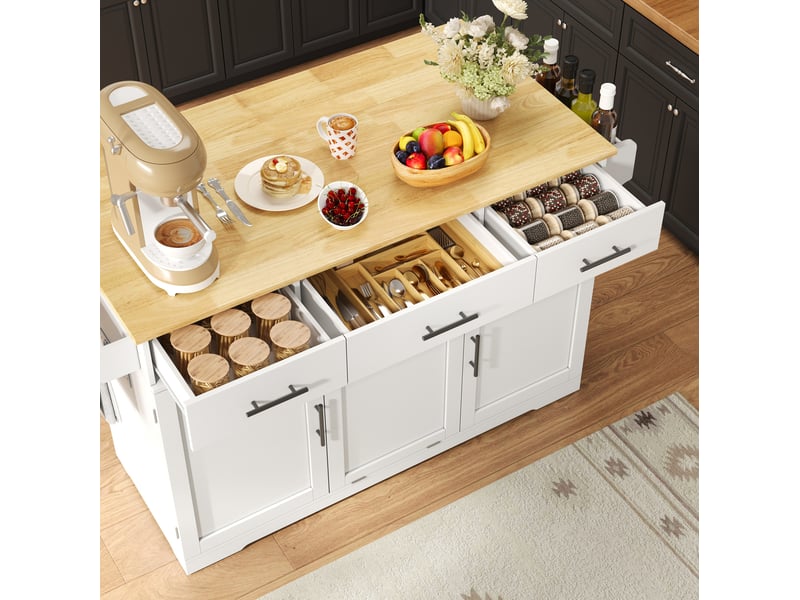  Desserte de cuisine à roulettes avec plan rabattable, 3 tiroirs, 2 portes et meuble poubelle, mdf blanc et bois naturel  - Conforama D