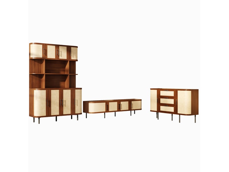  Ensemble de meubles avec meuble tv, buffet et armoire haute, mdf et métal, coloris noyer  - Conforama A