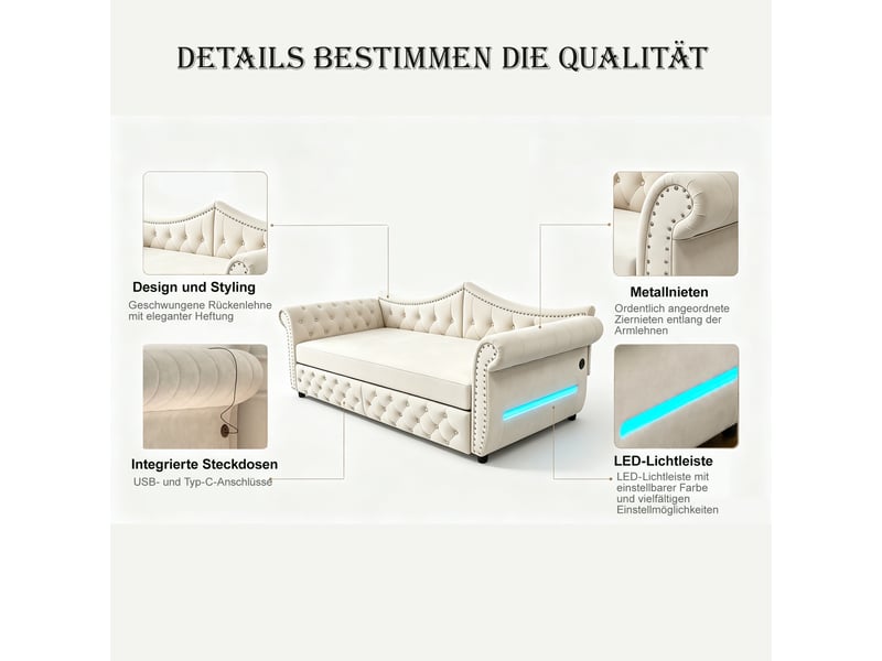 Lit banquette rembourré - 90x200 cm - convertible - lit gigogne - 2 tiroirs - port usb - prise de charge - velours - beige CozyNest - Conforama E
