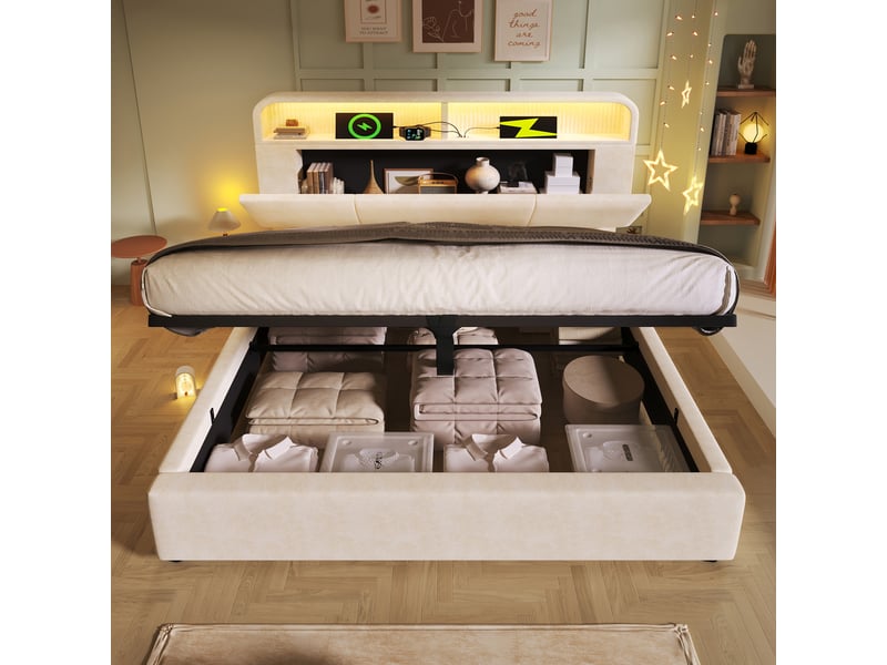  Lit coffre double 140×200 cm avec rangement, led réglable, usb et type-c - okmyhome- velours beige, matelas inclus  - Conforama C