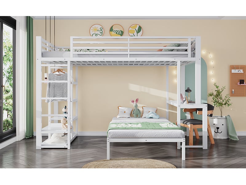  Lit superposé mezzanine 90x200 cm blanc métal et mdf avec bureau prises usb type-c 4 étagères rangement vêtements certifié en747 sans matelas Sol Morn - Conforama D