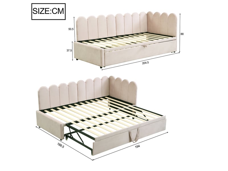  Lit gigogne banquette 200×90 cm, extensible en 200×180 cm, avec dossier en l, revêtement en velours beige  - Conforama D