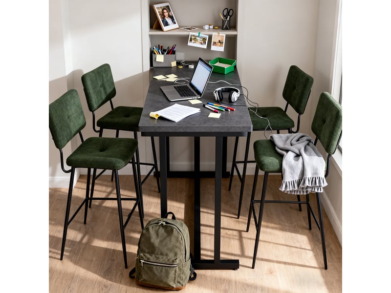Lot de 2 tabouret de bar rétro avec dossier et repose-pieds, siège rembourrés de 69 cm de haut, cadre en métal, chaises hautes en tissu vert  - Conforama W