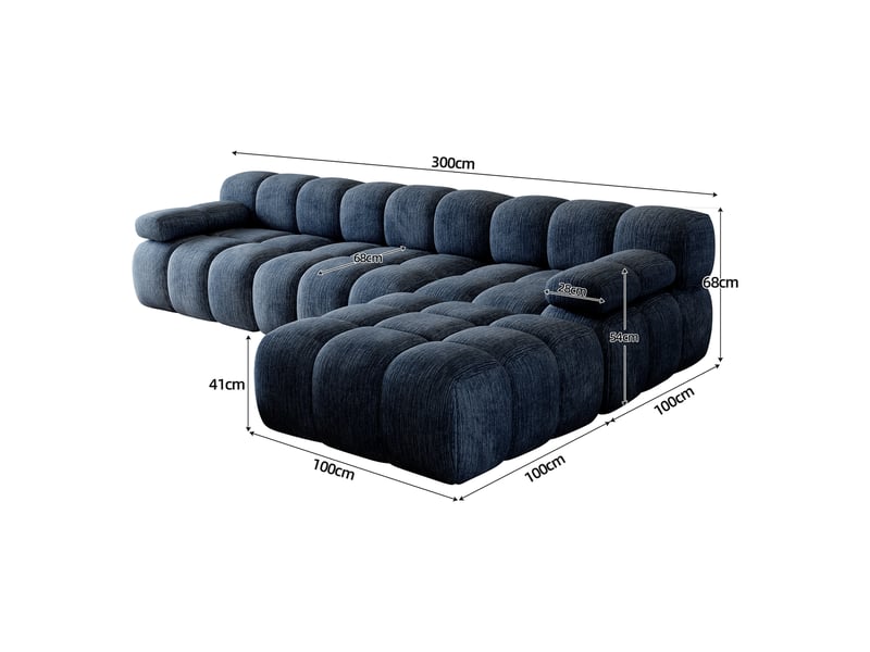  Canapé d’angle en l 4 places 300x200x68 cm sans structure, sans montage, mousse haute résilience, assise profonde et large, tissu chenille bleu  - Conforama D