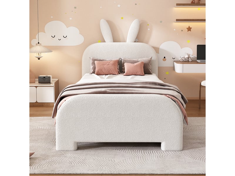  Lit enfant 90x200 cm, tiroirs, forme de lapin, dessin style cartoon, sommier, peluche blanc, sans matelas  - Conforama B