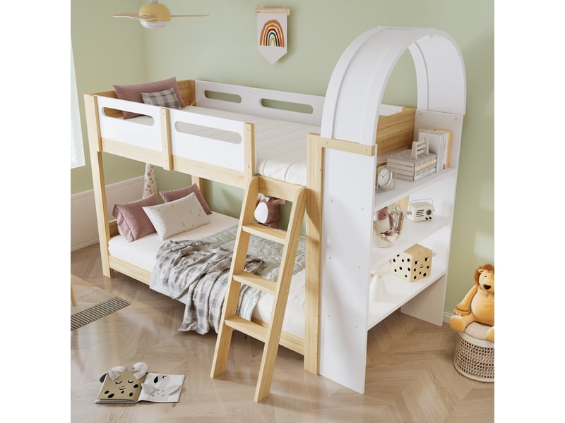  Lit enfant 90x200 tapissier beige - tête de lit biscuit et bords anti-collision  - Conforama D