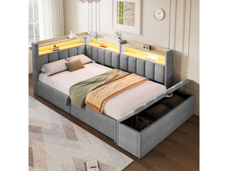  Canapé-lit coffre 90 x 200 cm - avec prise électrique - avec port usb + bande lumineuse led - gris (matelas non inclus)  - Conforama B