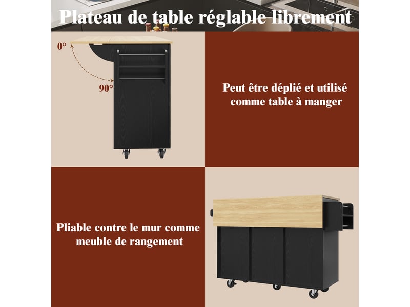 Îlot de cuisine en bois veiné noir, buffet multifonction, table extensible, rangement et chariot snack - Conforama E