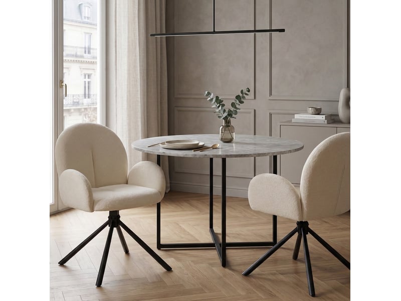  Lot de 2 chaises de salle à manger pivotantes avec accoudoirs, chenille blanc crème et pieds en métal  - Conforama D