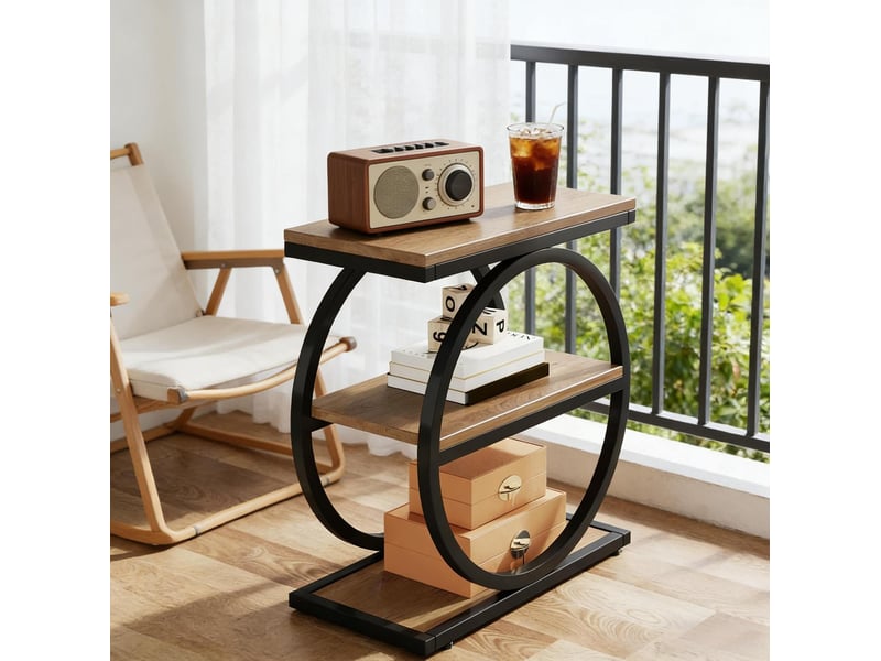 Table d'appoint 60x30x65 cm à 3 niveaux, style industriel, mdf et métal, noir et marron - Conforama E