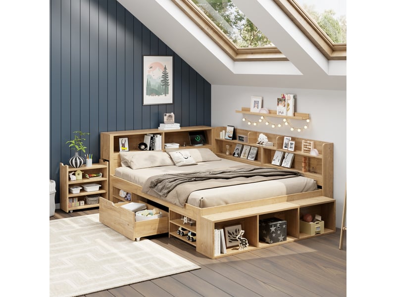  Lit enfant avec rangement 140 x 200 cm, chevet, tiroirs, étagères, armoire, charge sans fil, finition naturelle evarich - Conforama E