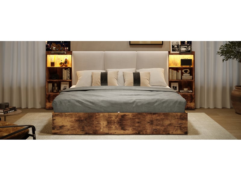  Lit coffre double 180×200 cm avec 6 niches, led réglable et tête rembourrée - okmyhome- marron, sans matelas  - Conforama E