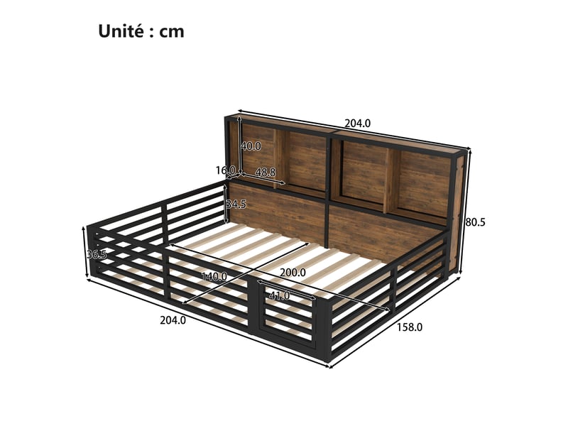  Lit bébé 140x200 cm - lit avec rangement latéral et led - métal et mdf - sans matelas - noir  - Conforama C
