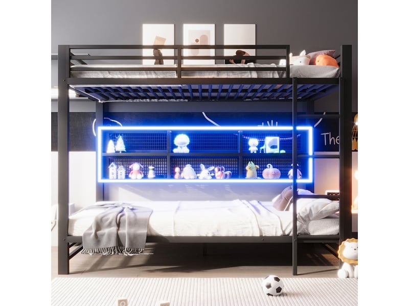  Lit superposé 140x200 avec rangement et éclairage led, métal noir  - Conforama C