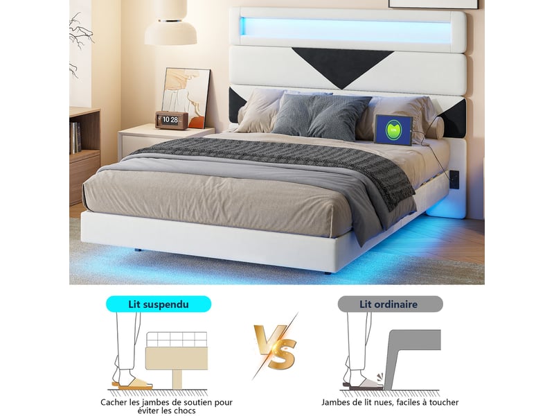  Lit double 160x200 cm,lit double led ,port usb-c, lit flottant, cadre de lit 160x200 cm, velours, blanc et noir  - Conforama D