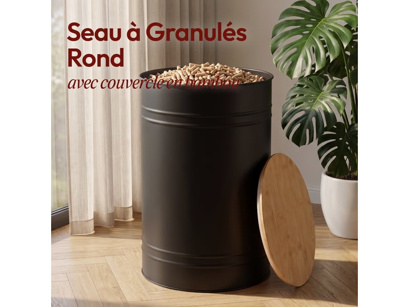 Casabel réservoir pellets &amp; granulés rond, cap. 45kg, métal noir, couvercle bambou, compact &amp; élégant, pour poêle  - Conforama C