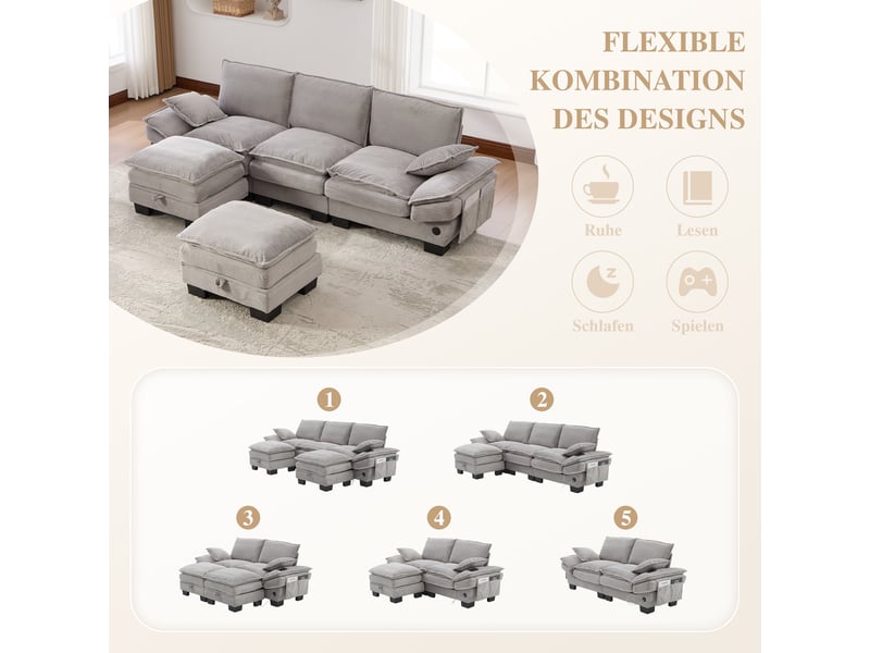  Canapé d'angle panoramique fixe 3 places tissu gris clair  - Conforama E