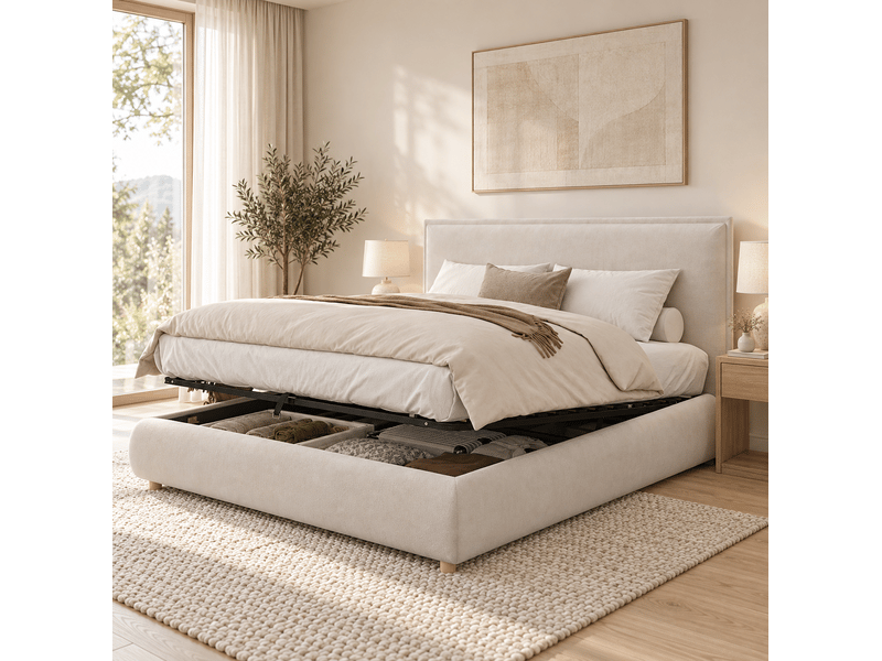  Lit coffre modenvie 160 x 200 cm en velours crème avec sommier à lattes et tête de lit  - Conforama B