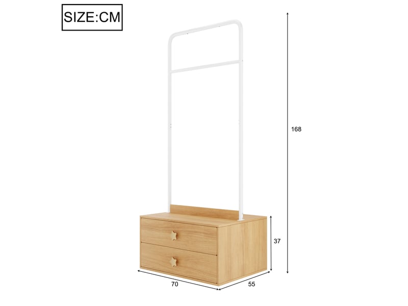 Meuble de rangement avec tringle, 2 tiroirs et crochets étoilés pour chambre enfant, bois clair, 70 × 55 × 168 cm - Conforama E