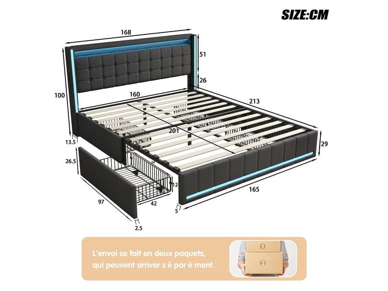  Lit 160 x 200 avec sommier,lit double 160 x 200, 4 tiroirs de rangement, bandeau led port usb, revêtement tissu lin, gris  - Conforama C