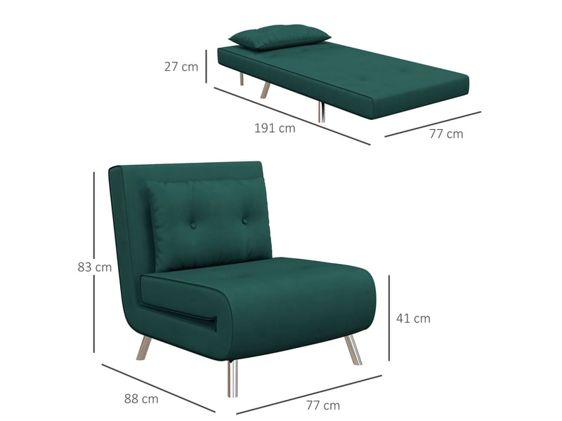 Fauteuil convertible ulevr 3 en 1 en lit simple, dossier 3 positions jusqu'à 180°, velours vert foncé, 77 x 88 x 83 cm  - Conforama C