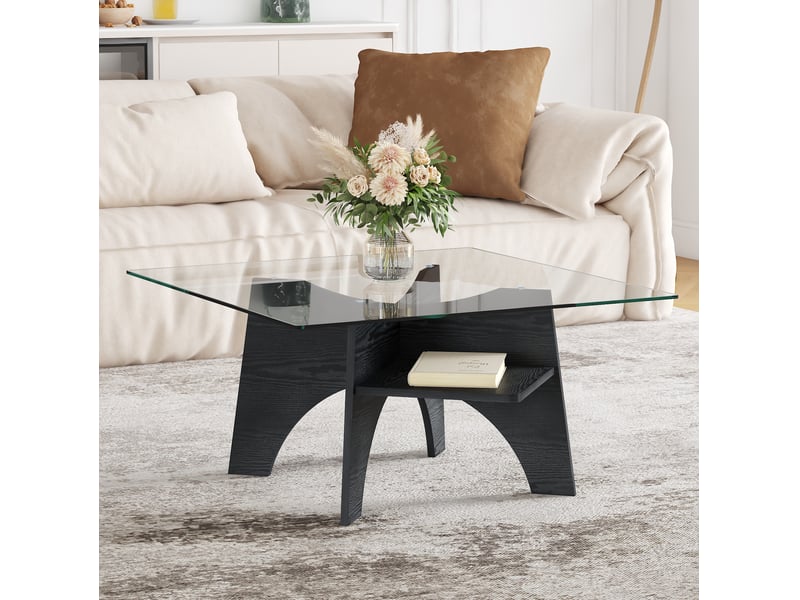  Table basse carrée avec plateau en verre de sécurité et étagère ouverte, structure en mdf noir 80 × 80 × 40 cm  - Conforama B