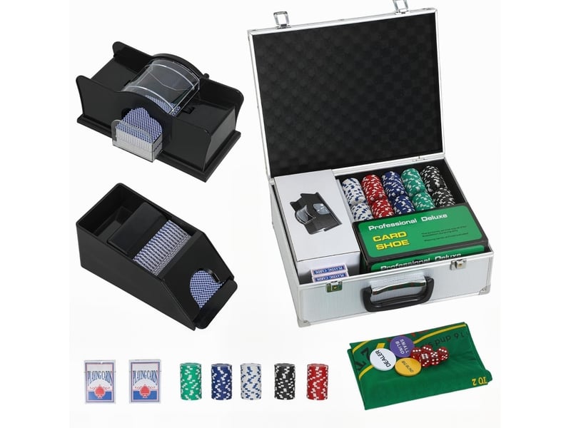 Coffret de poker 300 jetons 36 x 30 x 15 cm – argent – mélangeur manuel et accessoires pour 8 joueurs  - Conforama A