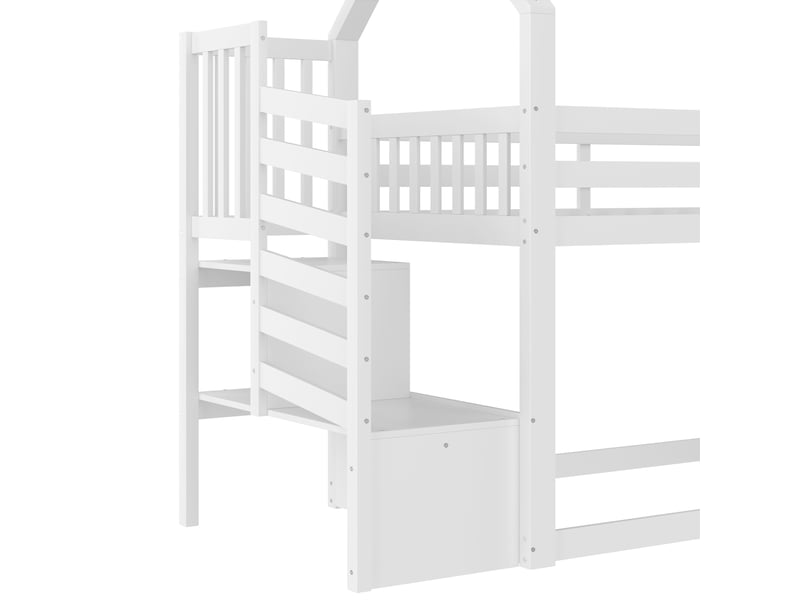  Lit superposé maison blanc 90x200 cm en pin et mdf, toboggan, escalier de rangement, garde-corps et lattes, sans matelas  - Conforama D