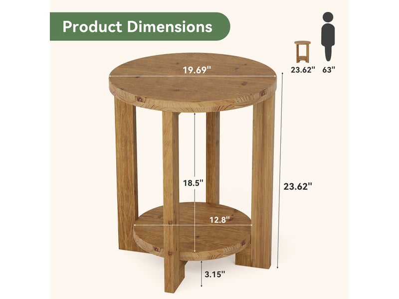  Table d'appoint ronde en bois massif avec rangement à 2 niveaux, table de chevet décorative, table de nuit ronde en bois pour salon, chambre, petits espaces, montage facile, marron  - Conforama C