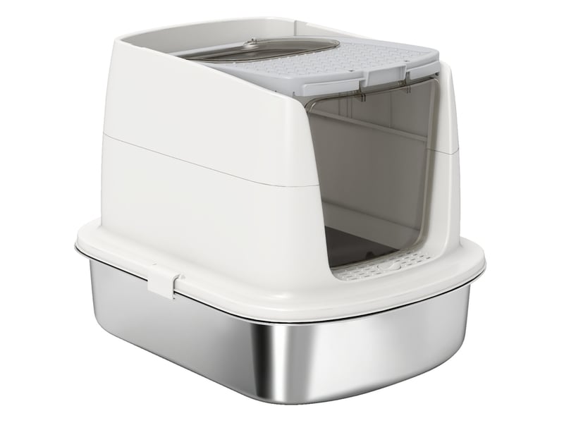  Bac à litière fermé en acier inoxydable 52,4 x 41,3 x 39,8 cm – blanc – accès double, pelle et sac désodorisant  - Conforama A