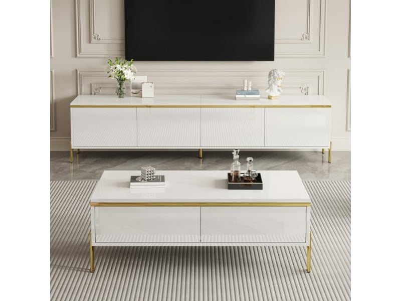 Ensemble tv et table basse luxe – surface laquée uniforme, bordures dorées, grand rangement - Conforama B