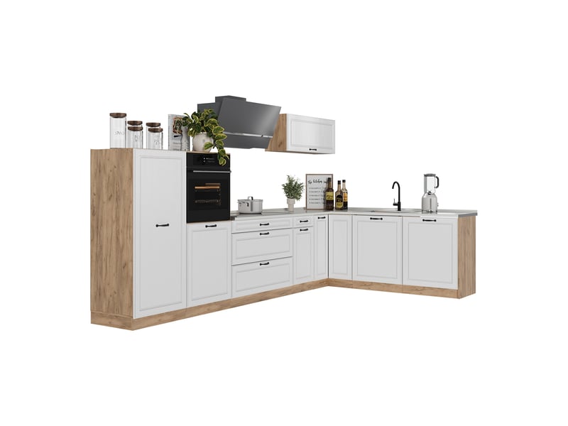  Vicco cuisine en angle, blanc campagnechêne doré, 347 x cm plan de travail chêne doré  - Conforama E