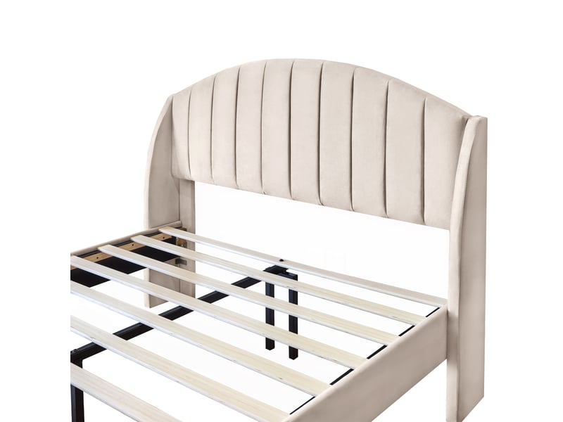 Lit 140x190 cm velours beige tête de lit lattes bois simple - Conforama E