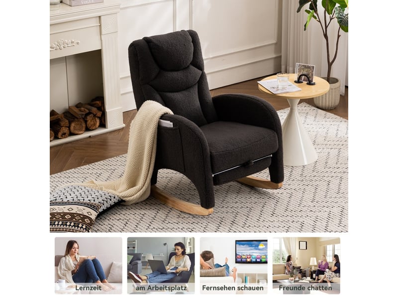  Fauteuil à bascule relax - 66x125x101 cm - avec repose-pieds pliable et têtière en tissu teddy bouclette pieds bois - gris foncé  - Conforama D
