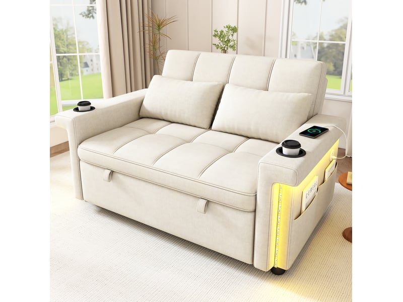 Canapé-lit 2 places convertible beige en chenille avec led, usb-c et dossier réglable - Conforama B