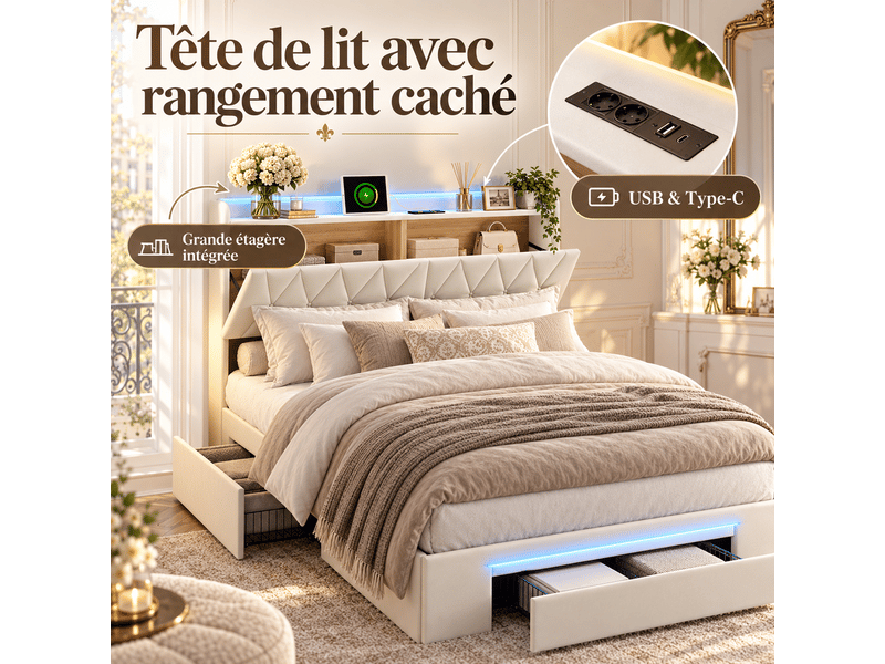 Lit 2 personnes 140x190 cm avec 3 tiroirs de rangement, lit adulte avec led et ports usb type-c, sommier à lattes, velours, beige - Conforama D