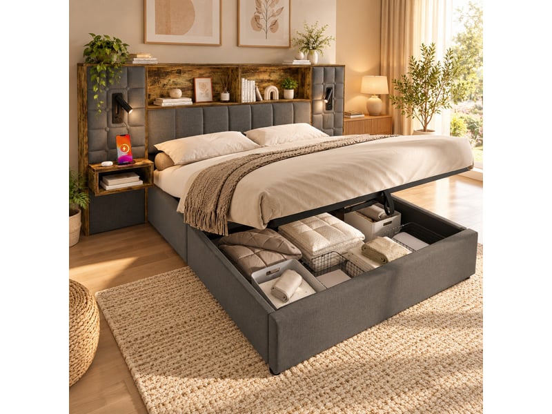 Lit rembourré 160x200 cm avec 2 chevets et étagère, lampe tactile rechargeable, ports usb et usb-c, rangement hydraulique, girs - Conforama E