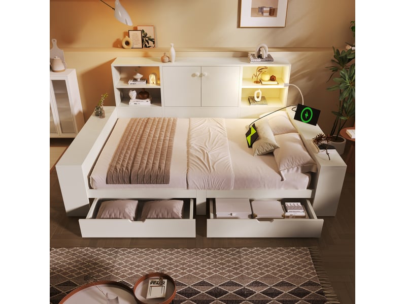  Modenvie lit avec rangement 140x200 cm - ports usb et usb-c, tiroirs et rangements - sans matelas - blanc  - Conforama D