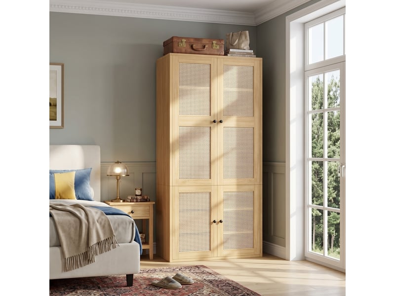  Armoire 4 portes 90 x 47 x 200 cm – chêne – cannage en rotin, 3 tiroirs, 4 compartiments et penderie  - Conforama B