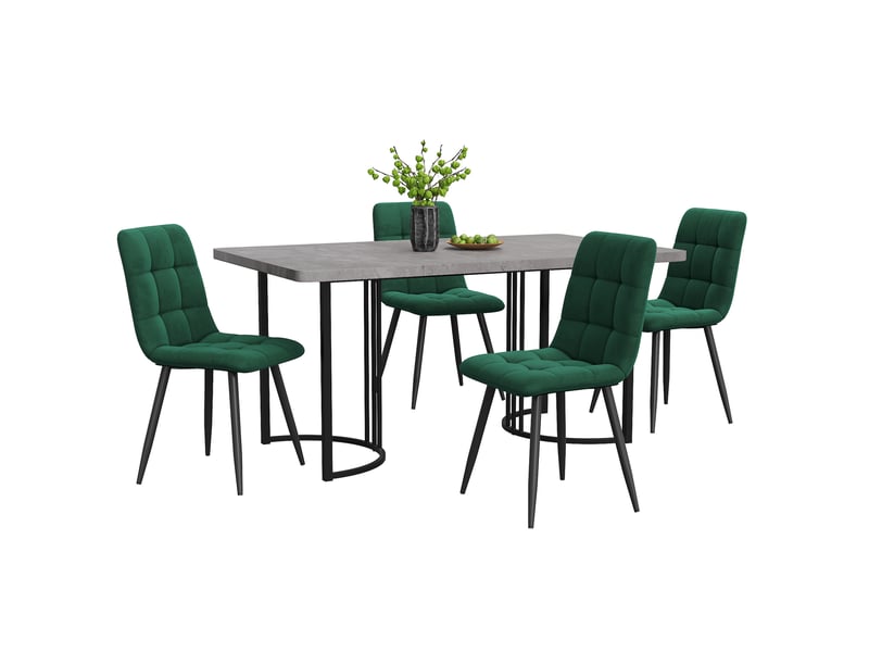 Ensemble table à manger 140x80x75cm et 4 chaises tissu en velours table plateau en mdf, pieds métalliques réglables, finition marbre, gris
