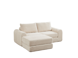 Canapé convertible 2-en-1 modulable en velours côtelé, avec 2 coussins, pouf amovible et accoudoirs incurvés - beige