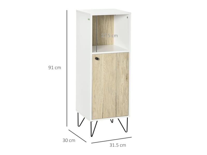  Meuble de salle de bain avec compartiment ouvert et porte, meuble en bois multifonctionnel gain de place, 31,5 x 30 x 91 cm, chêne et blanc  - Conforama E