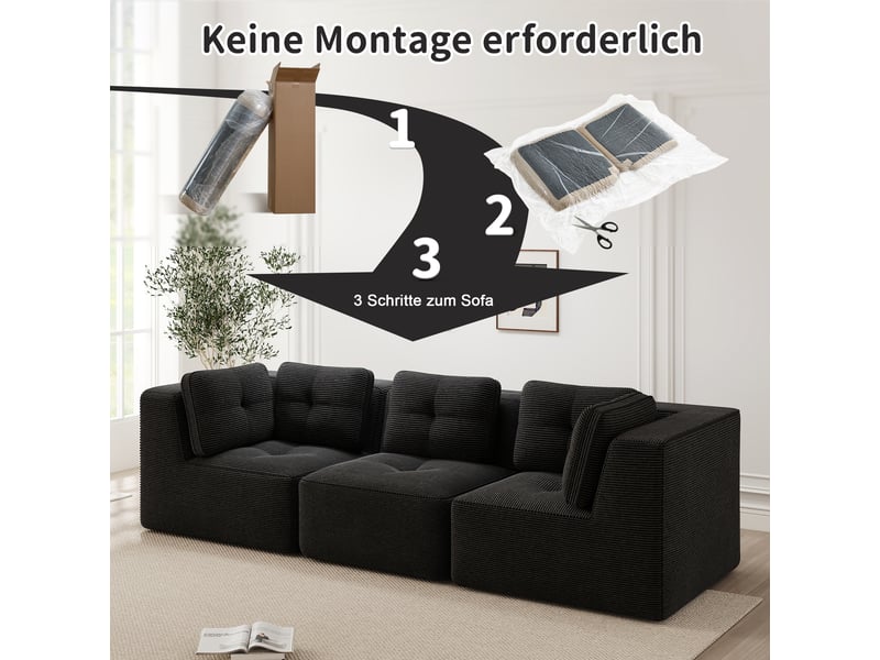 Canapé d'angle modulable 3 places en velours côtelé noir, sans montage, assise profonde, design sans cadre - Conforama W