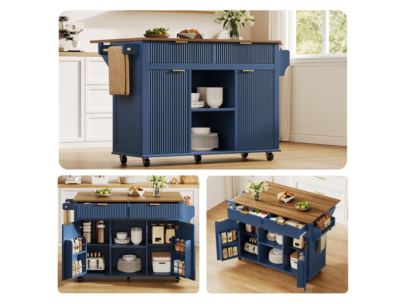 Îlot de cuisine mobile,143x45x89,5 cm,avec rangement,mdf,bleu et marron - Conforama E