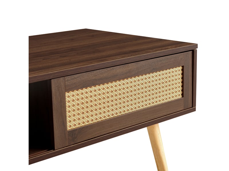 Table basse avec porte coulissante en rotin et rangement pour salon en mdf 105×55×40 cm marron - Conforama D