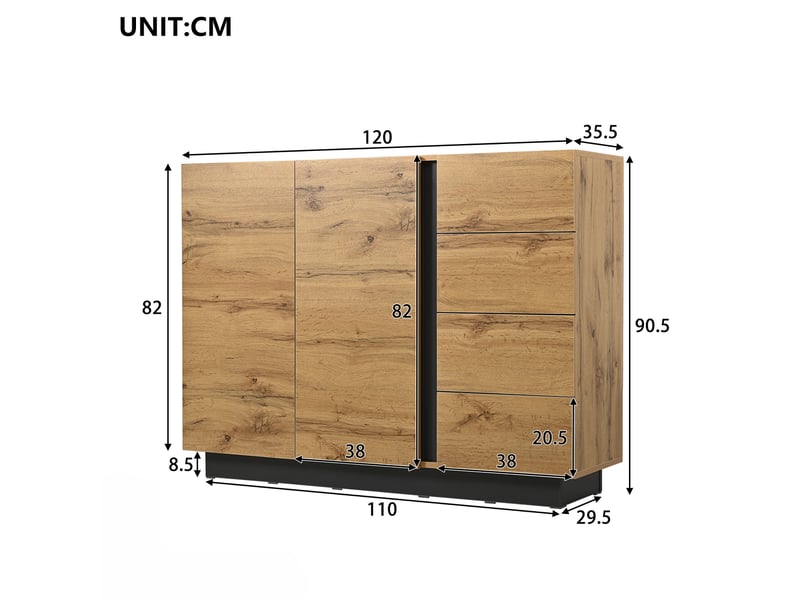 Buffet - 120x35,5x90,5 cm - commode avec 4 tiroirs et 2 portes - aspect bois naturel et noir - Conforama E